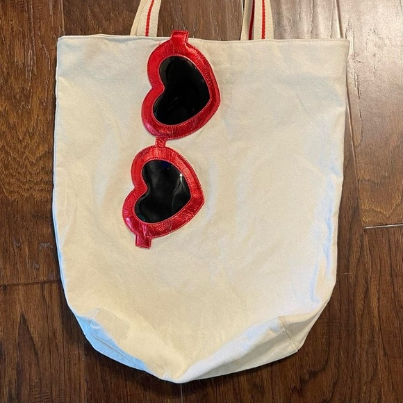 Bath & Body Works Canvas Tote Bag Heart Sunglasses Zip Top Shopper Purse - Picture 2 of 8